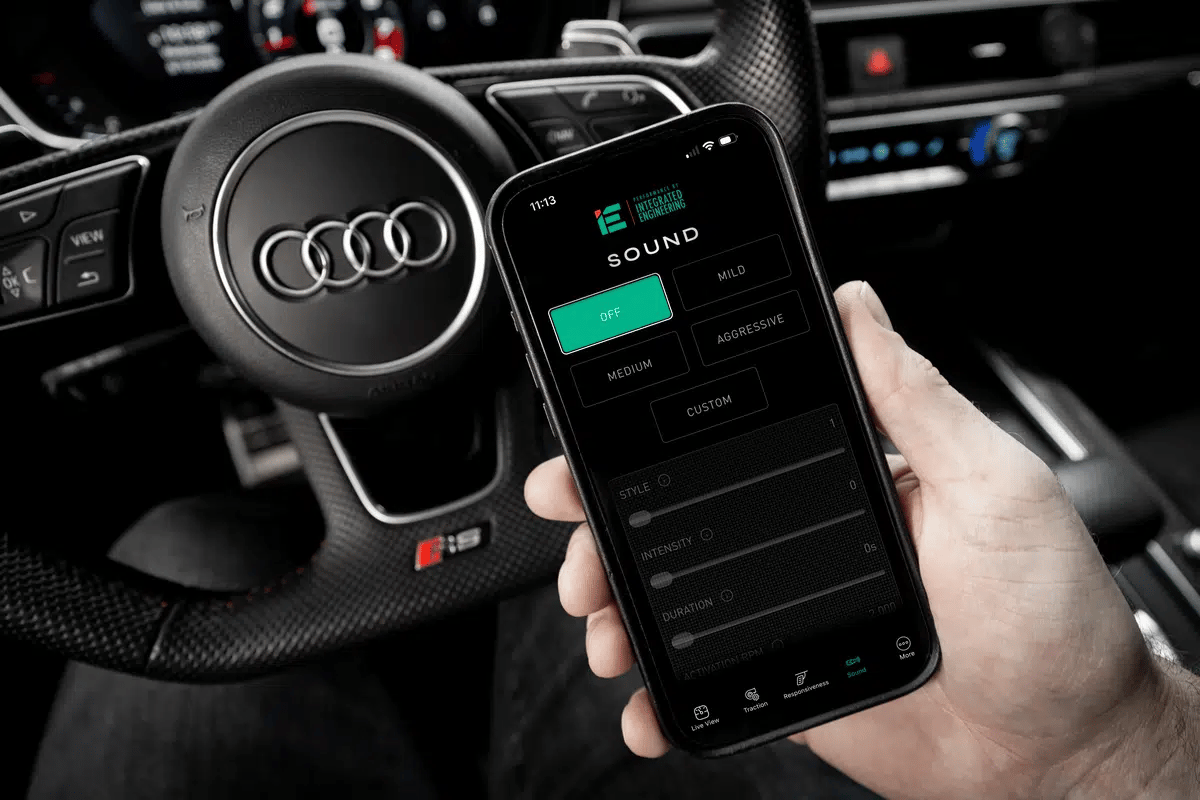The iE app’s Sound screen on a phone, changing exhaust settings from the driver’s seat